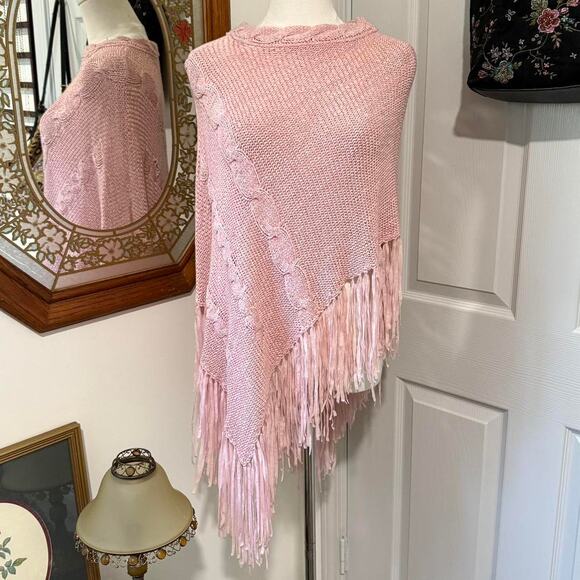 Y2K Cejon Light Pink Tassel Fringe Trimmed open Cable Knit Crochet Shawl Poncho - Picture 1 of 7